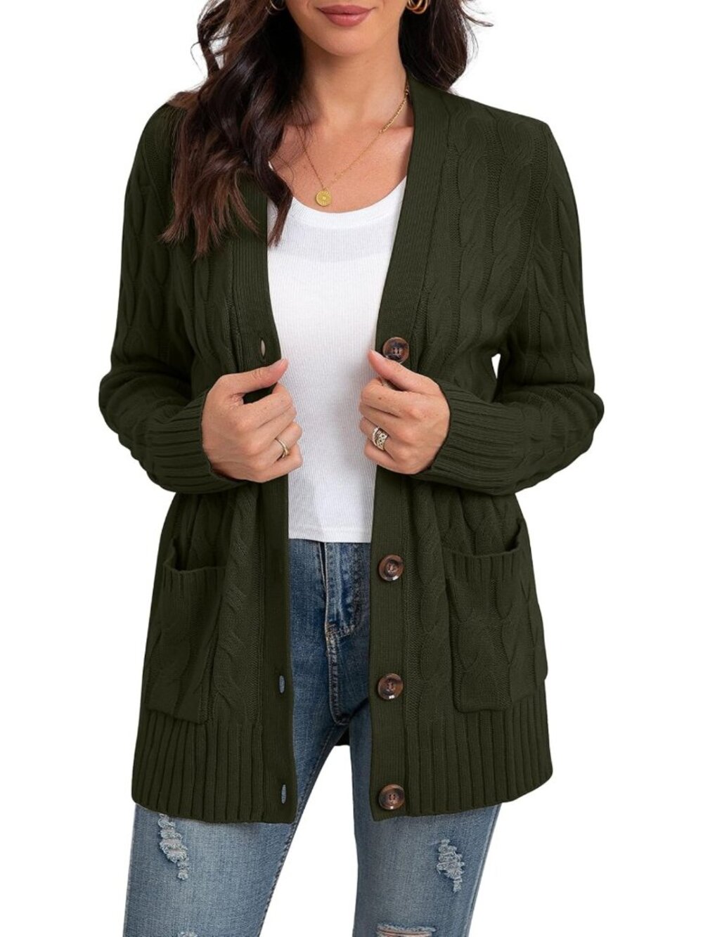 Cozy Long Sleeve Cable Knit Cardigan Sweater with Pockets for Women